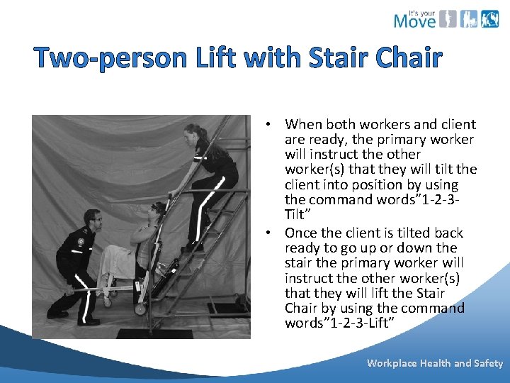 Two-person Lift with Stair Chair • When both workers and client are ready, the