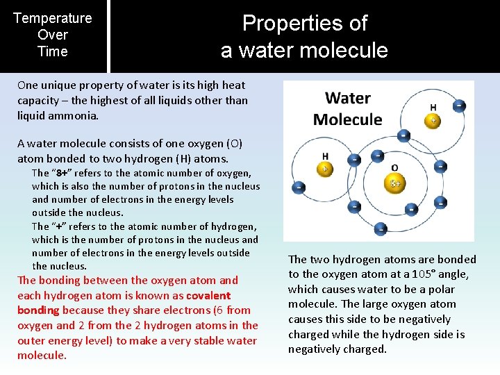 Temperature Over Time Properties of a water molecule One unique property of water is