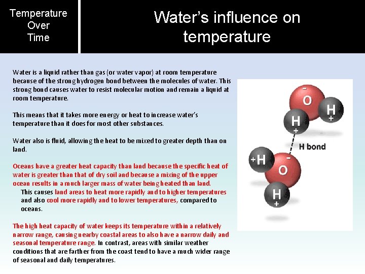 Temperature Over Time Water’s influence on temperature Water is a liquid rather than gas