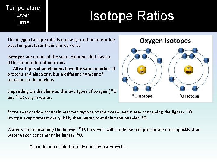 Temperature Over Time Isotope Ratios The oxygen isotope ratio is one way used to