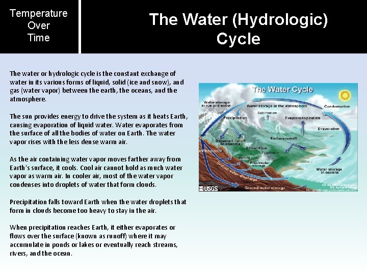 Temperature Over Time The Water (Hydrologic) Cycle The water or hydrologic cycle is the