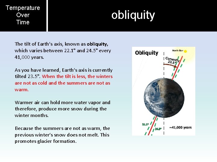 Temperature Over Time obliquity The tilt of Earth’s axis, known as obliquity, which varies