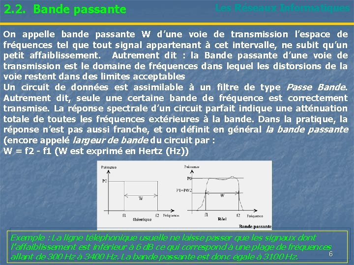 2. 2. Bande passante Les Réseaux Informatiques On appelle bande passante W d’une voie