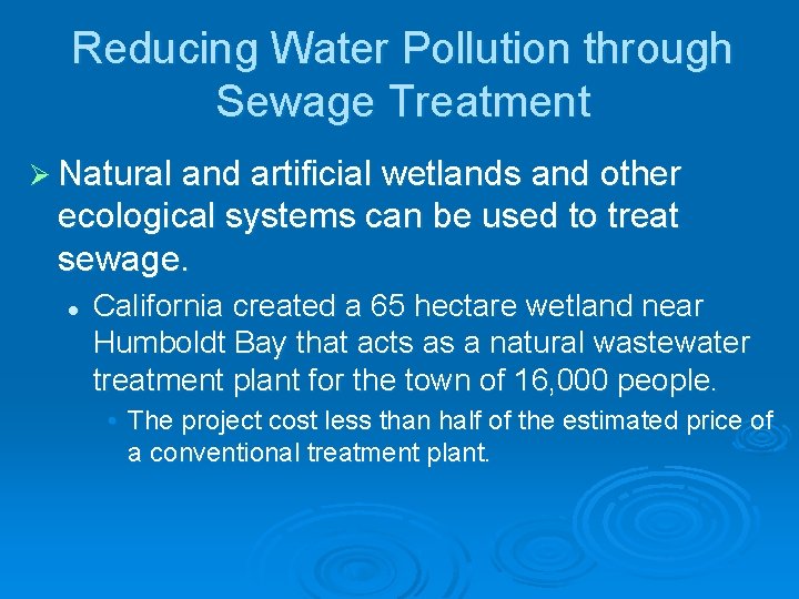 Reducing Water Pollution through Sewage Treatment Ø Natural and artificial wetlands and other ecological