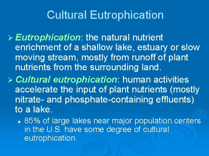 Cultural Eutrophication Ø Eutrophication: the natural nutrient enrichment of a shallow lake, estuary or