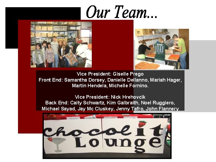 Vice President: Giselle Prego Front End: Samantha Dorsey, Danielle Dellanno, Mariah Hager, Martin Hendela, Vice President: Giselle Prego Front End: Samantha Dorsey, Danielle Dellanno, Mariah Hager, Martin Hendela,