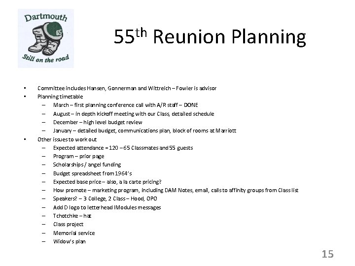 55 th Reunion Planning • • • Committee includes Hansen, Gonnerman and Wittreich –
