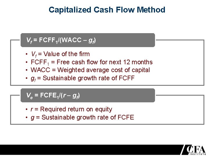 Capitalized Cash Flow Method Vf = FCFF 1/(WACC – gf) • • Vf =