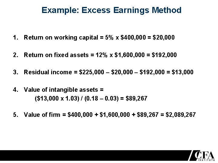 Example: Excess Earnings Method 1. Return on working capital = 5% x $400, 000