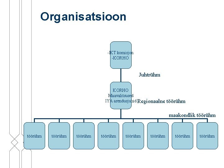 Organisatsioon -IKT komisjon -KORHO Juhtrühm KORHO Maavalitsused IYA arendusjuhid Regionaalne töörühm maakondlik töörühm töörühm