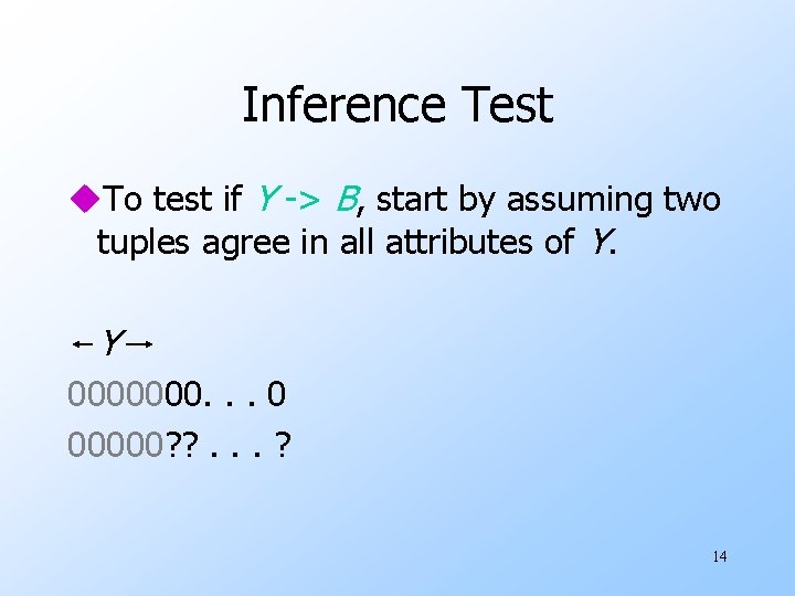 Inference Test u. To test if Y -> B, start by assuming two tuples