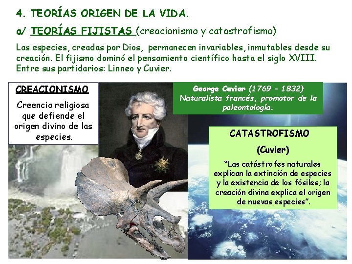 4. TEORÍAS ORIGEN DE LA VIDA. a/ TEORÍAS FIJISTAS (creacionismo y catastrofismo) Las especies,