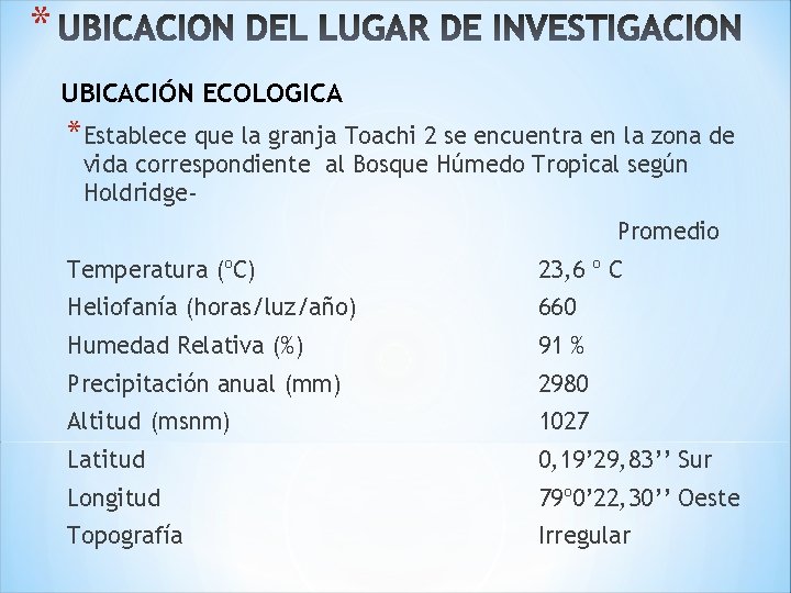 * UBICACIÓN ECOLOGICA *Establece que la granja Toachi 2 se encuentra en la zona