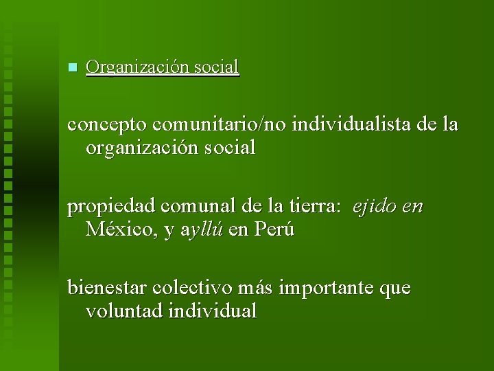 n Organización social concepto comunitario/no individualista de la organización social propiedad comunal de la
