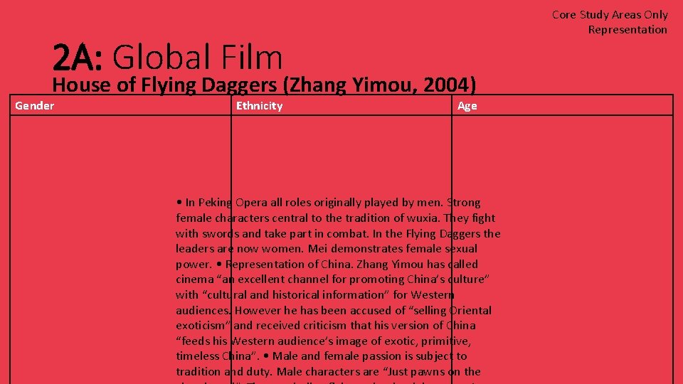 Core Study Areas Only Representation 2 A: Global Film House of Flying Daggers (Zhang
