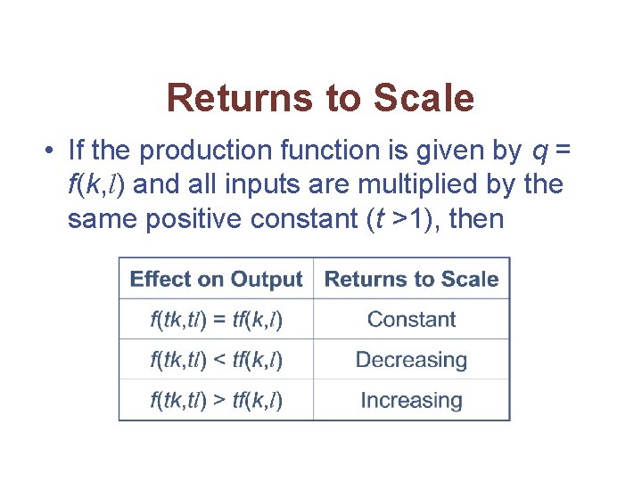 Returns to Scale • If the production function is given by q = f(k,