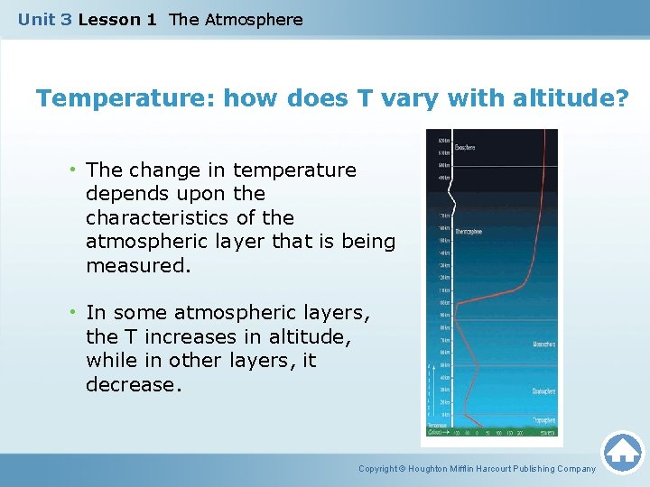 Unit 3 Lesson 1 The Atmosphere Temperature: how does T vary with altitude? •