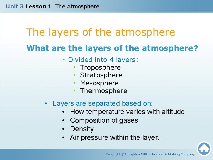 Unit 3 Lesson 1 The Atmosphere The layers of the atmosphere What are the