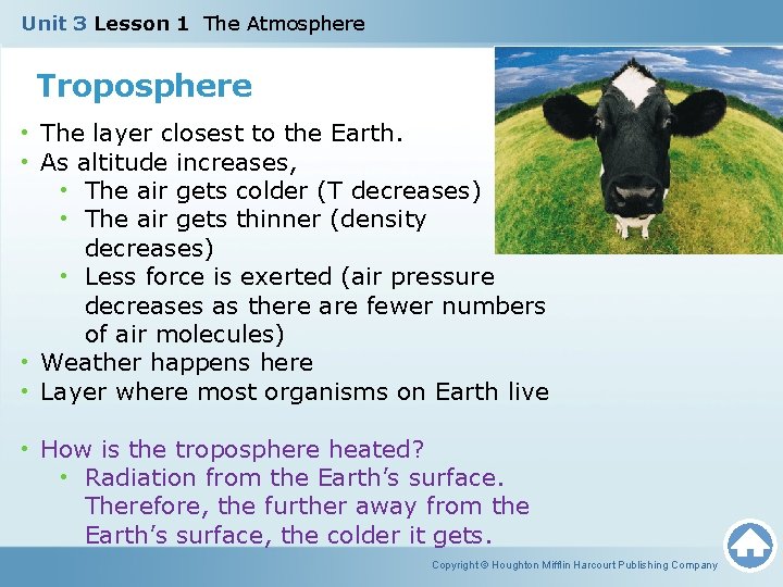 Unit 3 Lesson 1 The Atmosphere Troposphere • The layer closest to the Earth.