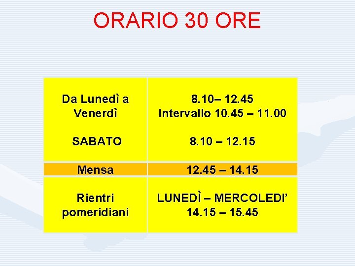 ORARIO 30 ORE Da Lunedì a Venerdì SABATO Mensa Rientri pomeridiani 8. 10– 12.