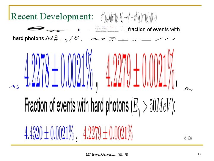 Recent Development: , fraction of events with hard photons , MC Event Generator, 徐庆君 Recent Development: , fraction of events with hard photons , MC Event Generator, 徐庆君