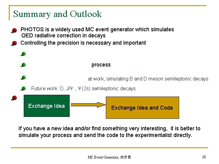 Summary and Outlook PHOTOS is a widely used MC event generator which simulates QED Summary and Outlook PHOTOS is a widely used MC event generator which simulates QED