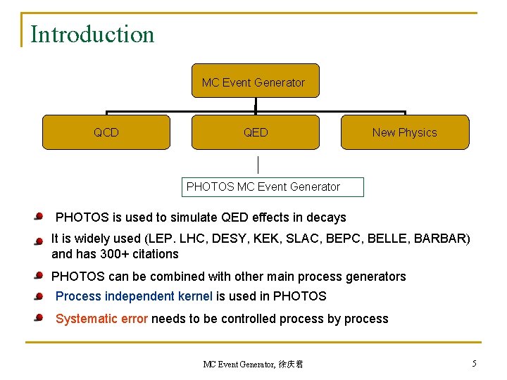 Introduction MC Event Generator QCD QED New Physics PHOTOS MC Event Generator PHOTOS is Introduction MC Event Generator QCD QED New Physics PHOTOS MC Event Generator PHOTOS is