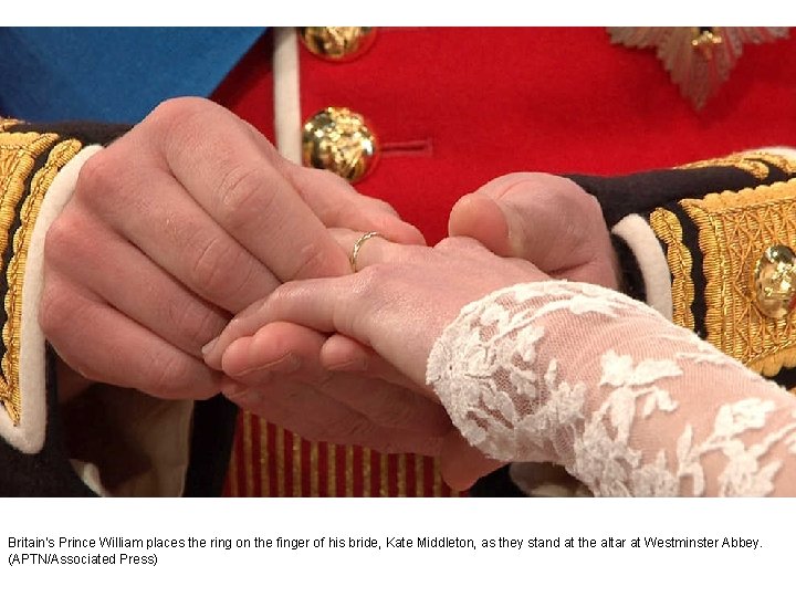 Britain's Prince William places the ring on the finger of his bride, Kate Middleton,