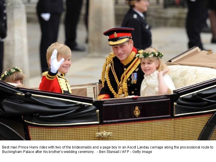 Best man Prince Harry rides with two of the bridesmaids and a page boy