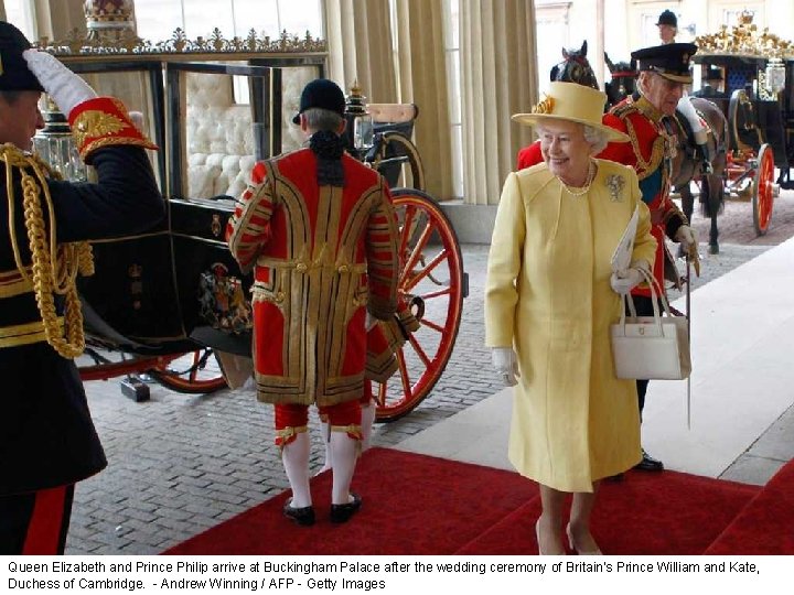 Queen Elizabeth and Prince Philip arrive at Buckingham Palace after the wedding ceremony of