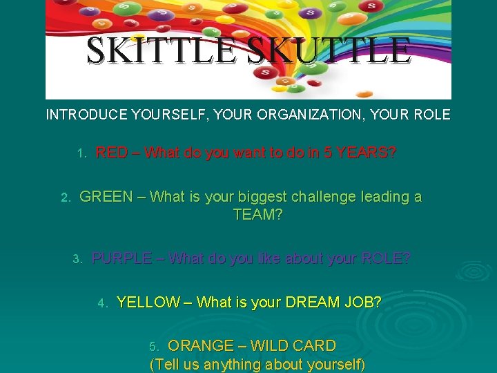 SKITTLE SKUTTLE INTRODUCE YOURSELF, YOUR ORGANIZATION, YOUR ROLE 1. 2. RED – What do