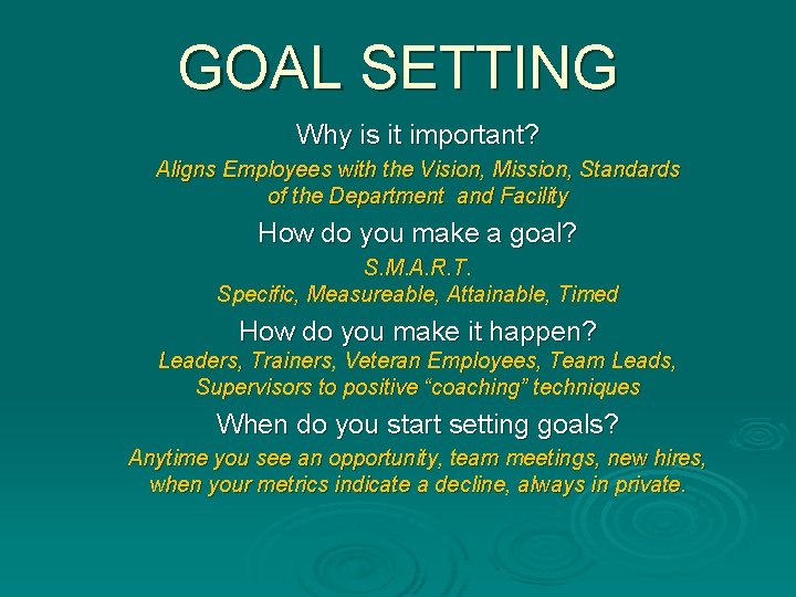 GOAL SETTING Why is it important? Aligns Employees with the Vision, Mission, Standards of