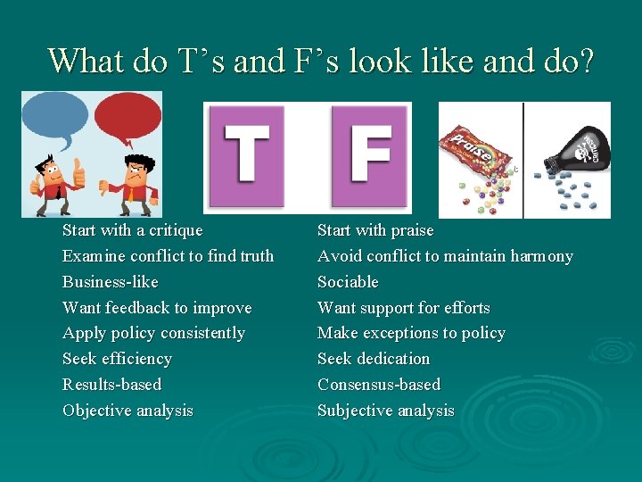 What do T’s and F’s look like and do? Start with a critique Examine