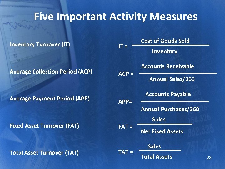 Five Important Activity Measures Cost of Goods Sold Inventory Turnover (IT) IT = Average