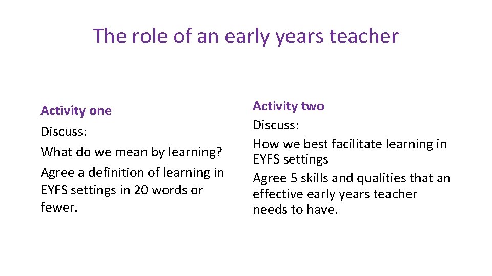 The role of an early years teacher Activity one Discuss: What do we mean