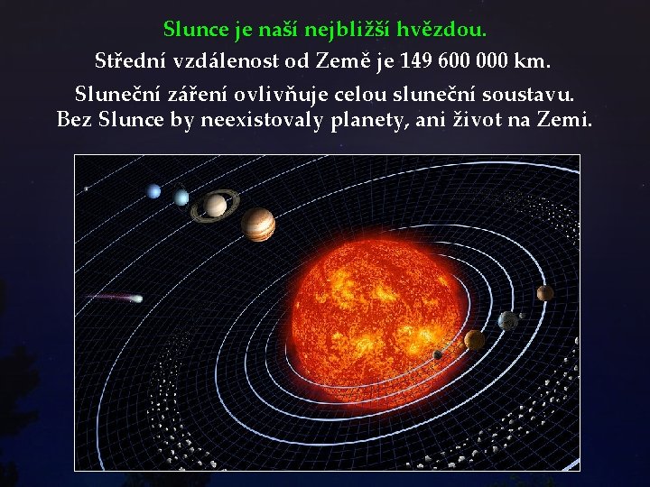 Slunce je naší nejbližší hvězdou. Střední vzdálenost od Země je 149 600 000 km.