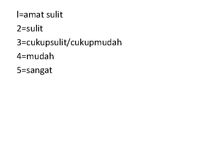 l=amat sulit 2=sulit 3=cukupsulit/cukupmudah 4=mudah 5=sangat 