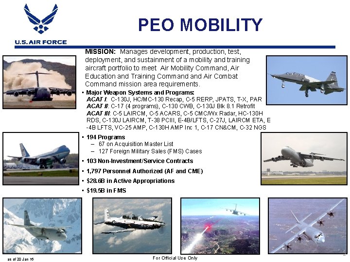 PEO MOBILITY MISSION: Manages development, production, test, deployment, and sustainment of a mobility and