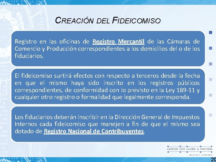 CREACIÓN DEL FIDEICOMISO Registro en las oficinas de Registro Mercantil de las Cámaras de