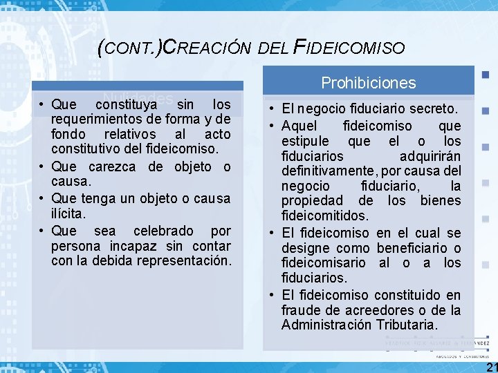 (CONT. )CREACIÓN DEL FIDEICOMISO Nulidades sin los • Que constituya requerimientos de forma y