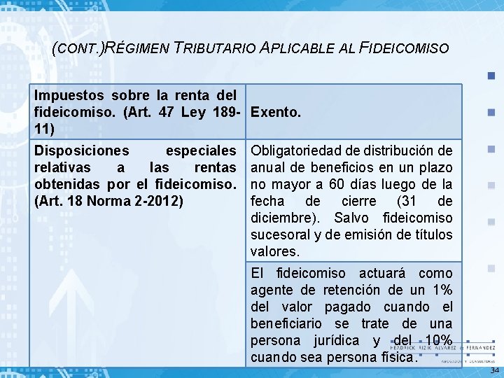 (CONT. )RÉGIMEN TRIBUTARIO APLICABLE AL FIDEICOMISO Impuestos sobre la renta del fideicomiso. (Art. 47