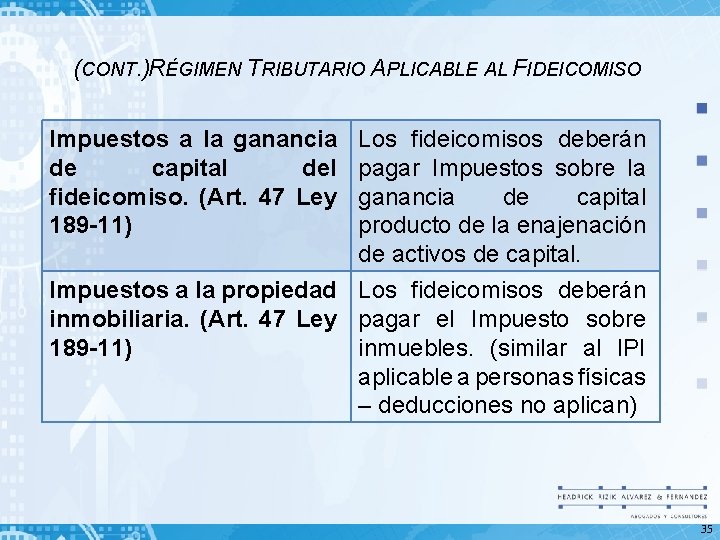 (CONT. )RÉGIMEN TRIBUTARIO APLICABLE AL FIDEICOMISO Impuestos a la ganancia de capital del fideicomiso.