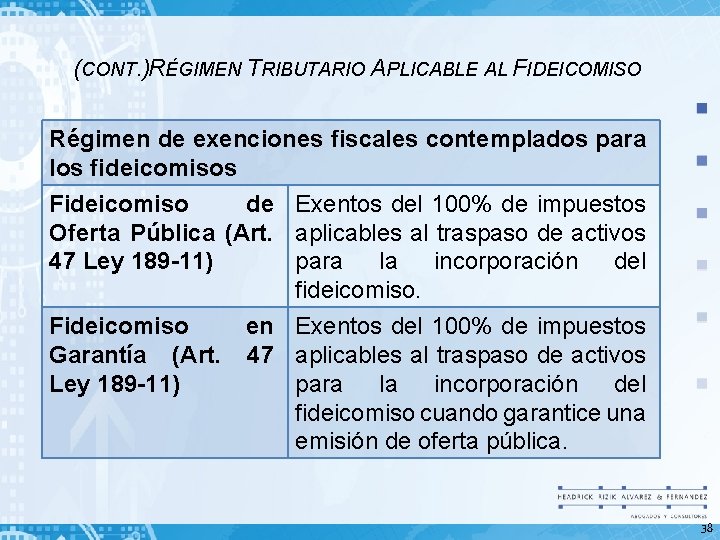 (CONT. )RÉGIMEN TRIBUTARIO APLICABLE AL FIDEICOMISO Régimen de exenciones fiscales contemplados para los fideicomisos