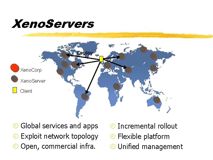 Xeno. Servers Deploy Xeno. Corp Xeno. Server Client ¾ Global services and apps ¾