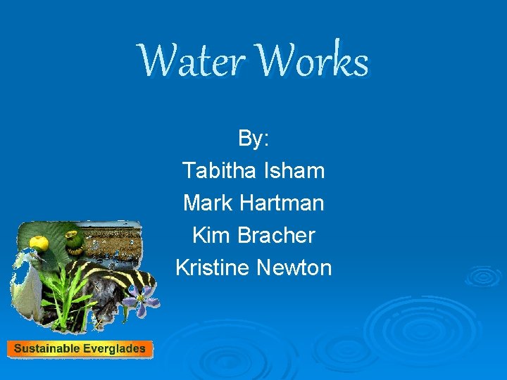 Water Works By: Tabitha Isham Mark Hartman Kim Bracher Kristine Newton 