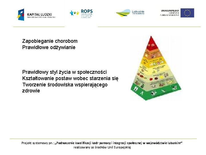 Zapobieganie chorobom Prawidłowe odżywianie Prawidłowy styl życia w społeczności Kształtowanie postaw wobec starzenia się