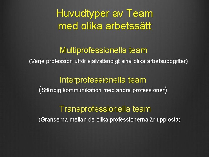 Huvudtyper av Team med olika arbetssätt Multiprofessionella team (Varje profession utför självständigt sina olika