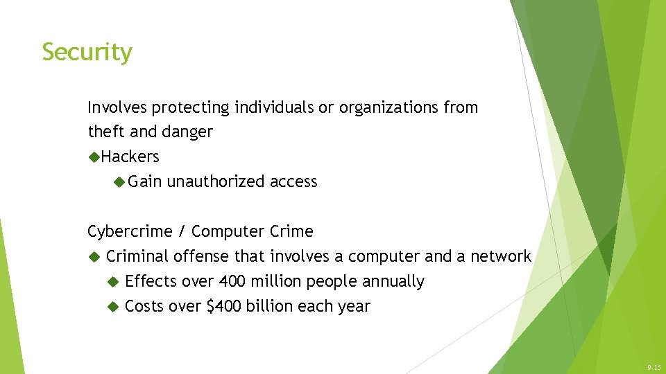 Security Involves protecting individuals or organizations from theft and danger Hackers Gain unauthorized access Security Involves protecting individuals or organizations from theft and danger Hackers Gain unauthorized access