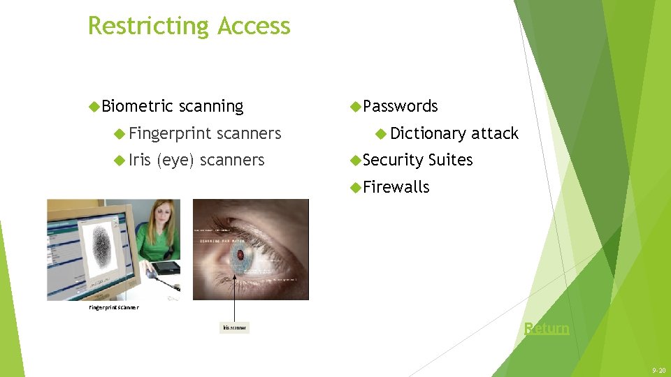 Restricting Access Biometric scanning Fingerprint Iris scanners (eye) scanners Passwords Dictionary Security attack Suites Restricting Access Biometric scanning Fingerprint Iris scanners (eye) scanners Passwords Dictionary Security attack Suites