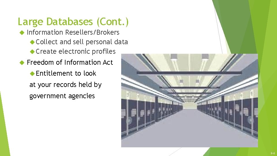 Large Databases (Cont. ) Information Resellers/Brokers Collect and sell personal data Create electronic profiles Large Databases (Cont. ) Information Resellers/Brokers Collect and sell personal data Create electronic profiles